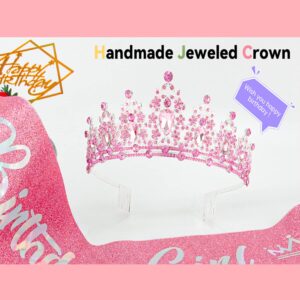 SuPoo Pink Birthday Crowns Birthday Sash and Crown Kit Birthday Tiara Rhinestones Metal Crown with Comb Glitter Birthday Girls Sash Crystal Headband Princess Tiaras for Girl Happy Birthday Decorations