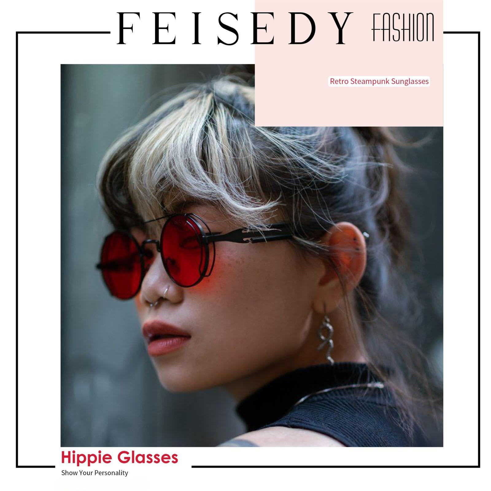 FEISEDY Sunglasses Steampunk Mens Women Aviators Retro Round Sunglasses Metal Frame Fishing Driving Hippie Glasses B2351