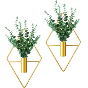 2 pieces wall decor hanging planters with artificial plants metal hanging vase indoor plants holder modern geometric wall art for home bedroom living room office(eucalyptus,gold)