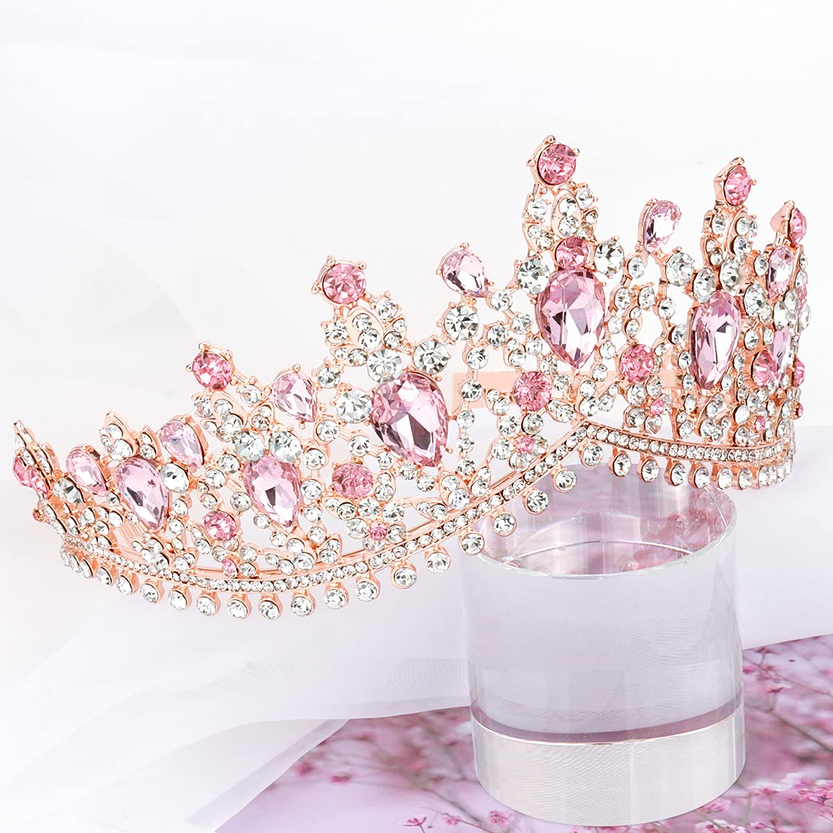 TOBATOBA Crystal Wedding Tiara for Women Pink Tiara Princess Tiara Headband Pink Crown Royal Queen Crown Metal Tiara Quinceanera Crown Headpieces for Birthday Prom Halloween Costume Party