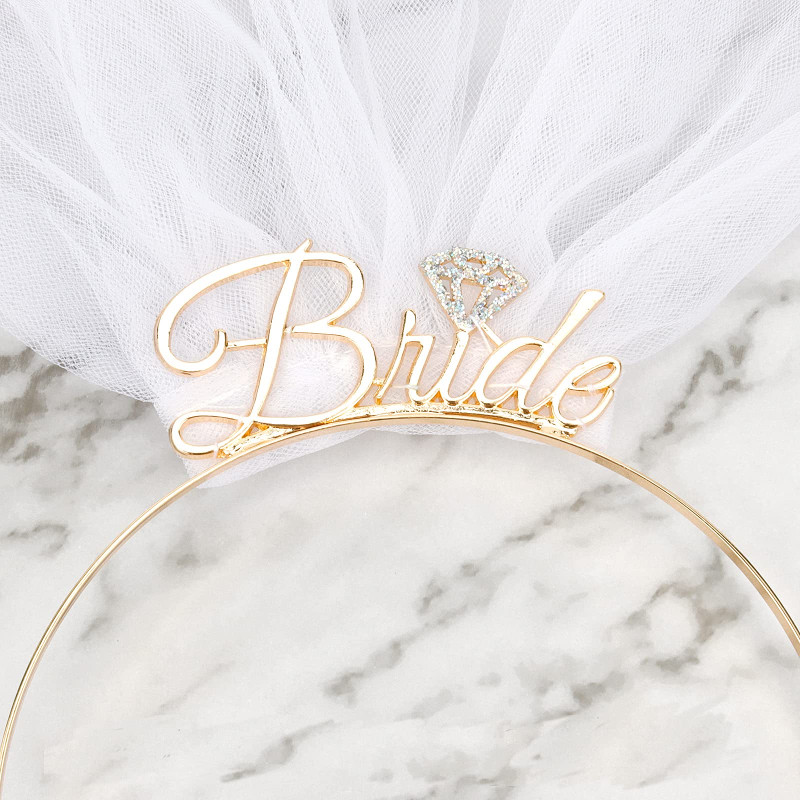 BAHABY Bride Headband with Veil, Gold, 1 Count (Pack of 1), Hairband for Engagement Party, Bridal Shower, Bachelorette Parties, Bridal