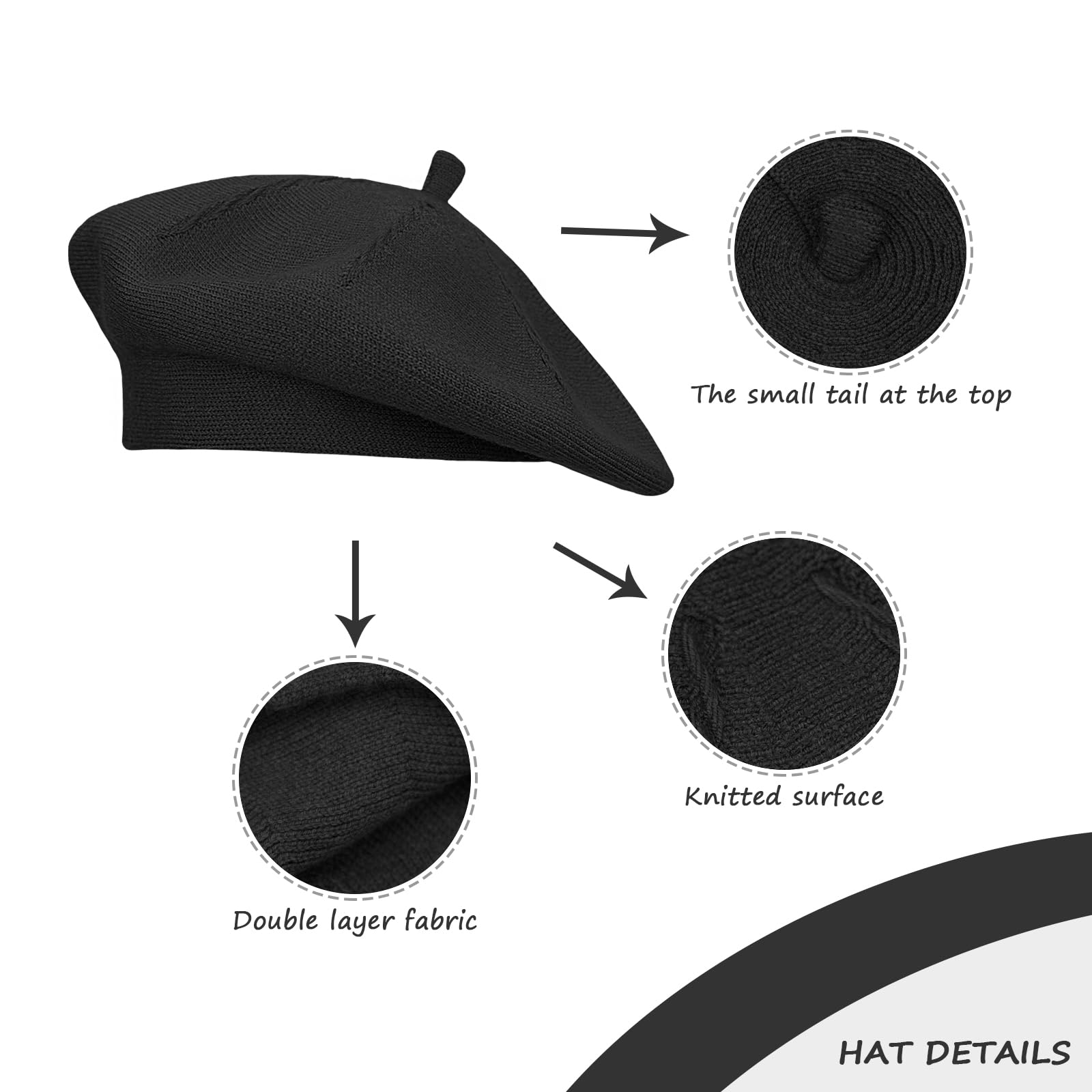 Gllutt Cashmere Beret Hat French Style Stretchy Knitting Solid Color Both Side Usable (Black)