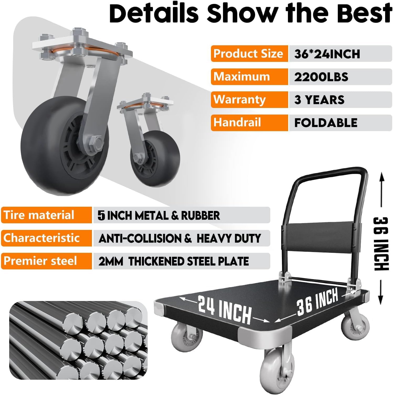 Steel Platform Truck Heavy Duty Flatbed Cart, 2200Lbs Push Cart Dolly, 36 x 24in Moving Flat Cart with 5'' Swivel Wheels