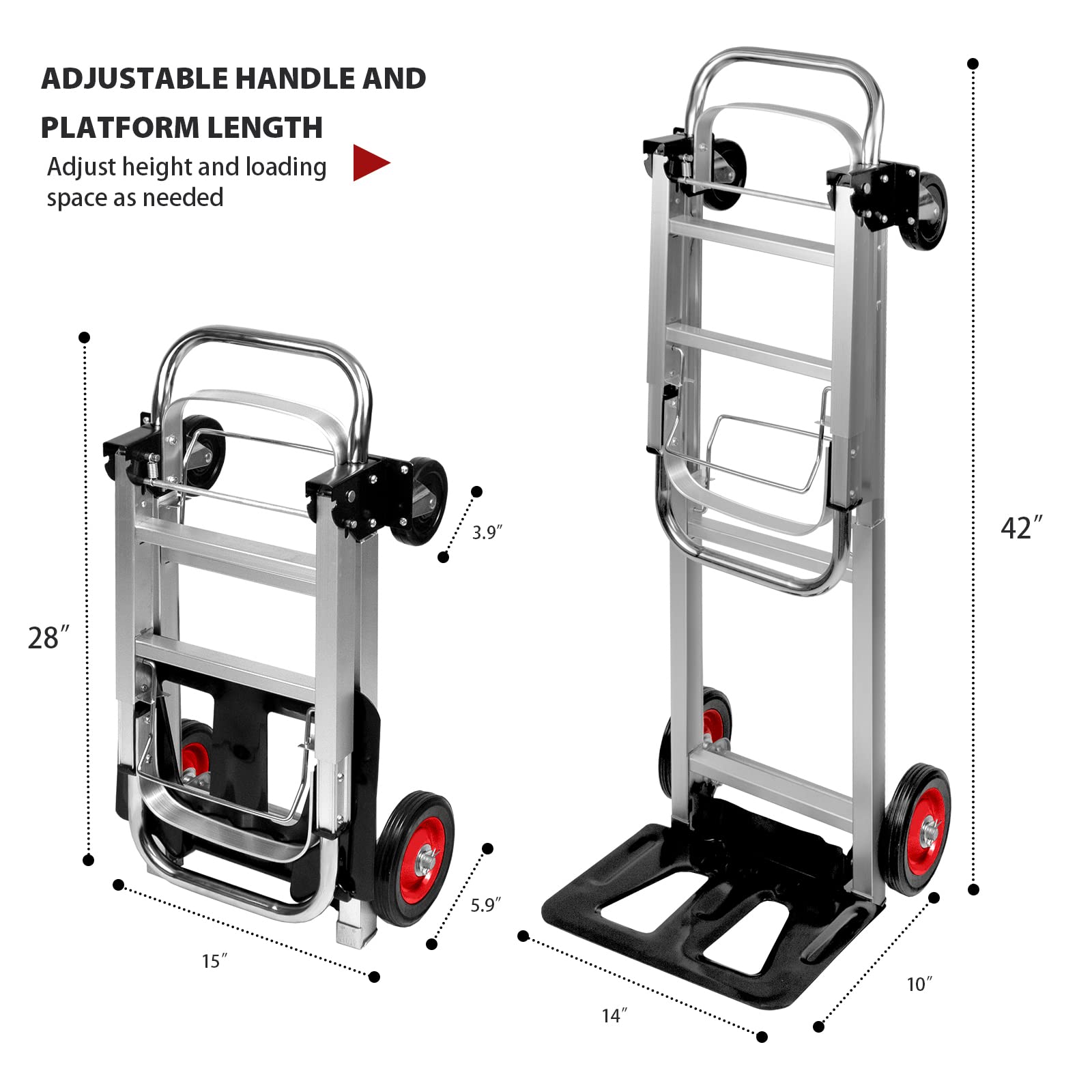 Oyoest Aluminium Hand Truck Dolly Heavy Duty 440lbs Capacity 2 in 1 Convertible Folding Hand Truck with Pneumatic Wheels and Telescoping Handles,Portable Dolly Cart with Bungee Cords for Moving