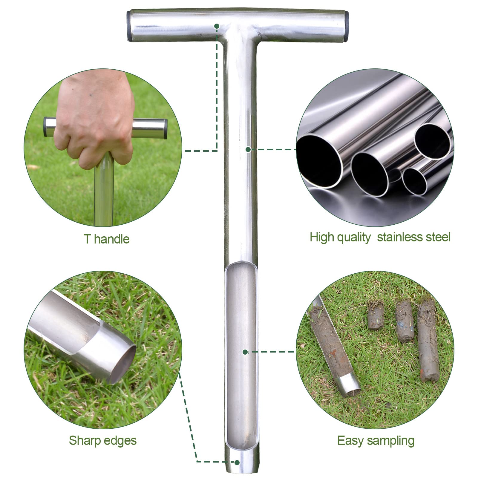 Soil Probe 12 Inch with 2 Bags, Soil Sample Probe for Lawn House Plants, T-Handle Soil Sampler Probe Rod Tool Set, Stainless Steel Soil Test Kits Tool for Soil Sampling