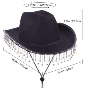 MGupzao Black Cowgirl Hat Bachelorette Party,AB Diamond Cowboy Hat Costume Accessories for Women Men,Bride to be Gift,Cow Girl Hats Novelty with Rhinestone Tassel Design Adjustable Neck Drawcord