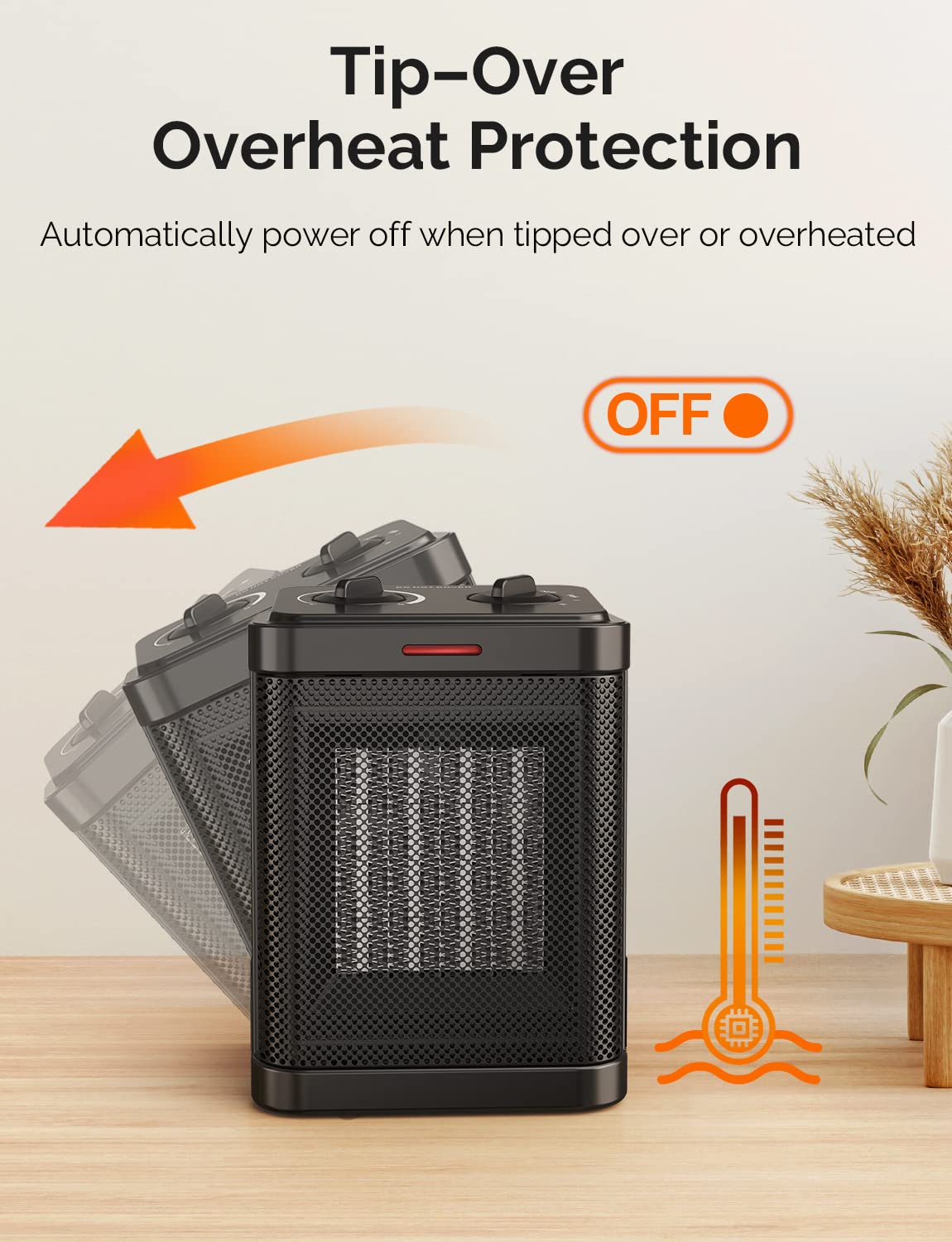 Space Heater for Indoor Use, 1500W PTC Ceramic Heater with Thermostat, Small Space Heater 2S Rapid Heating, 3 Modes, Electric Portable Heater with Safety Protection for Bedroom, Quiet Office