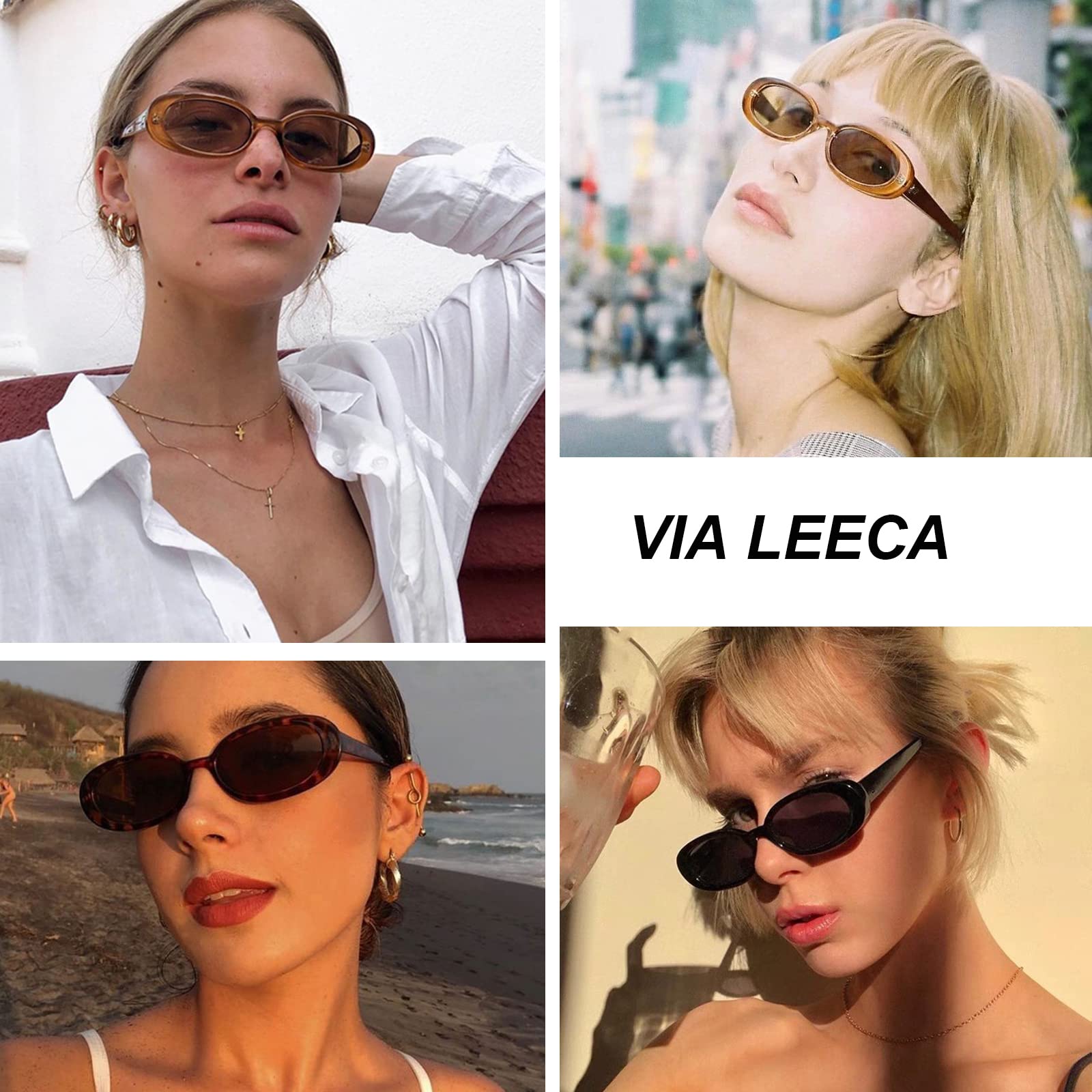 VIA LEECA Trendy Retro Oval Sunglasses Women 90s Small Y2K Fashion Vintage Narrow Sun Glasses Tinted Black Brown Tortoise UV400 Protection Party Aesthetic Accessories Gift