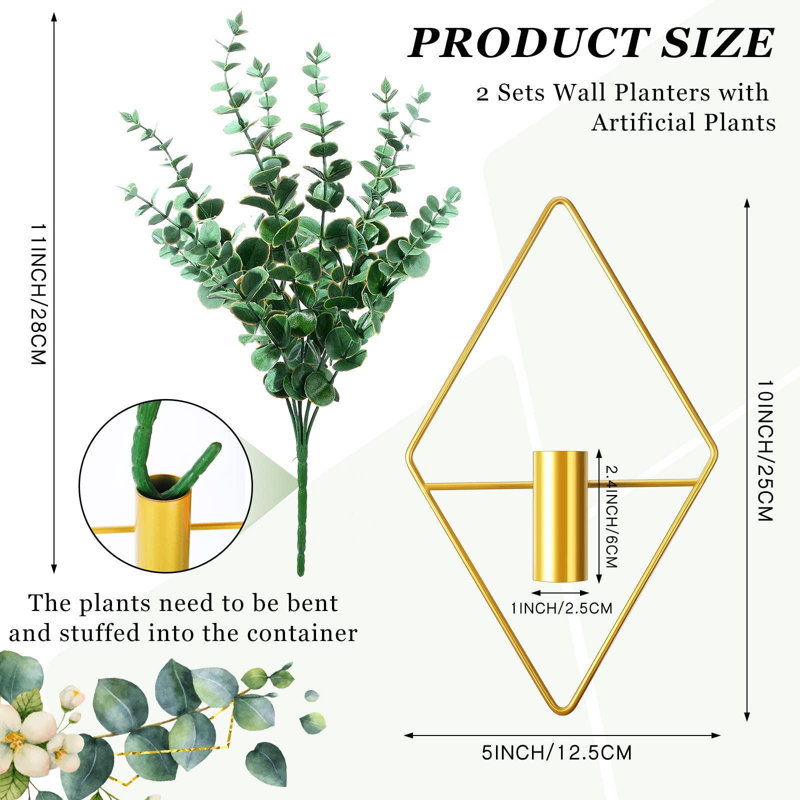 2 Pieces Wall Decor Hanging Planters with Artificial Plants Metal Hanging Vase Indoor Plants Holder Modern Geometric Wall Art for Home Bedroom Living Room Office(Eucalyptus,Gold)