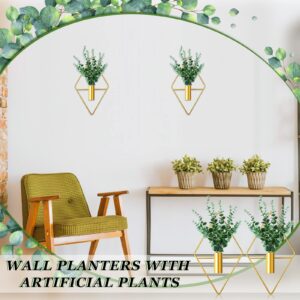 2 Pieces Wall Decor Hanging Planters with Artificial Plants Metal Hanging Vase Indoor Plants Holder Modern Geometric Wall Art for Home Bedroom Living Room Office(Eucalyptus,Gold)