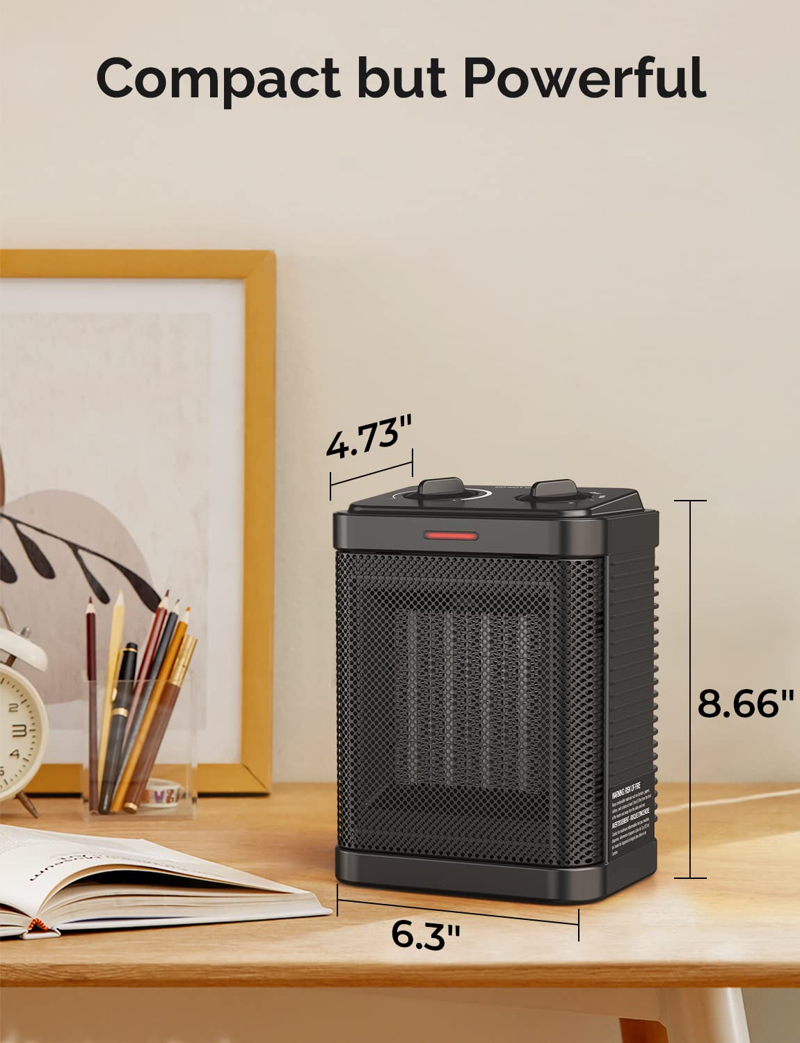 Space Heater for Indoor Use, 1500W PTC Ceramic Heater with Thermostat, Small Space Heater 2S Rapid Heating, 3 Modes, Electric Portable Heater with Safety Protection for Bedroom, Quiet Office