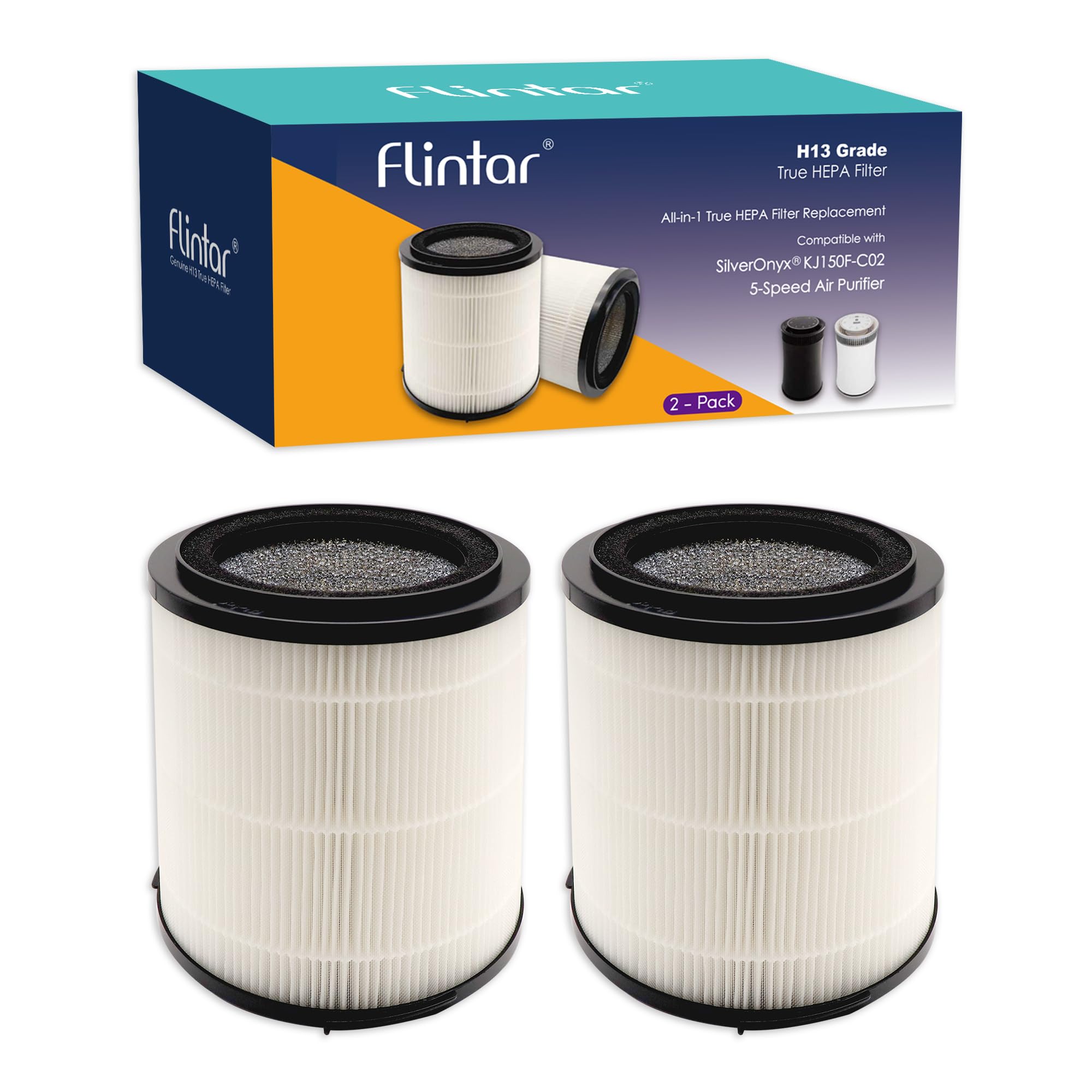 Flintar H13 True HEPA Replacement Filter, Compatible with SilverOnyx 5-Speed Air Purifier KJ150F-C02, 3-in-1 H13 Grade True HEPA filter, For Large Room 500 sq ft, 2-Pack