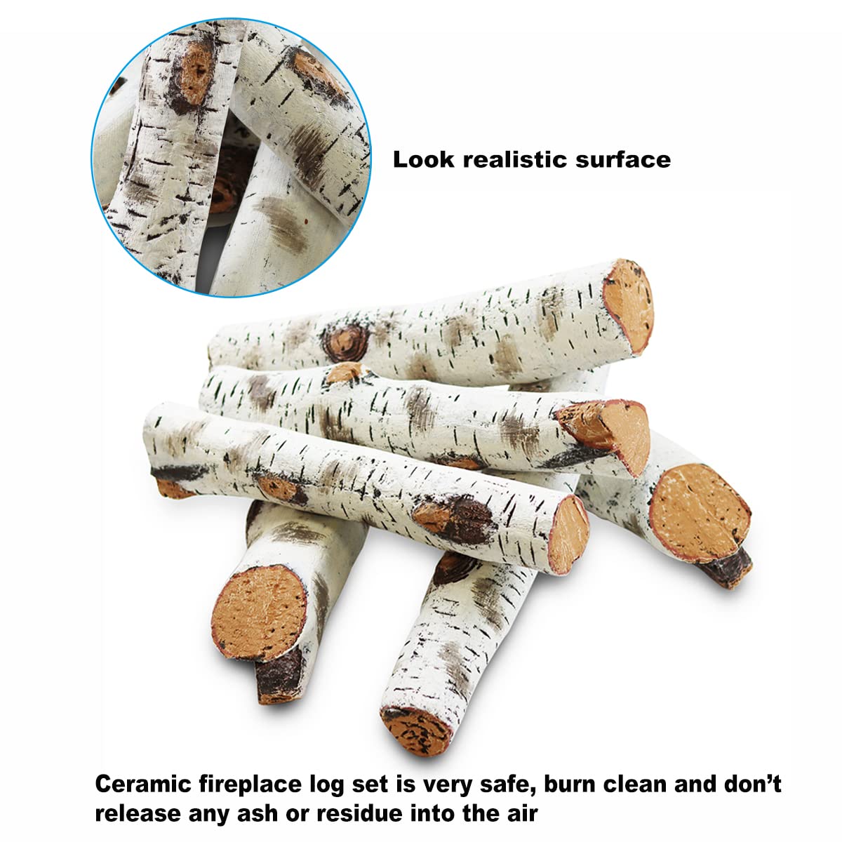 Gas Fireplace Log Set Ceramic White Birch for Indoor Insert, Vented, Propane, Electric Gas Fireplace, Linear Fire Pits Ceramic Fiber, Fireplace Decor Large Birch Logs for Smoke Hollow Grill, 6PCS