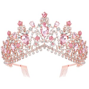 TOBATOBA Crystal Wedding Tiara for Women Pink Tiara Princess Tiara Headband Pink Crown Royal Queen Crown Metal Tiara Quinceanera Crown Headpieces for Birthday Prom Halloween Costume Party