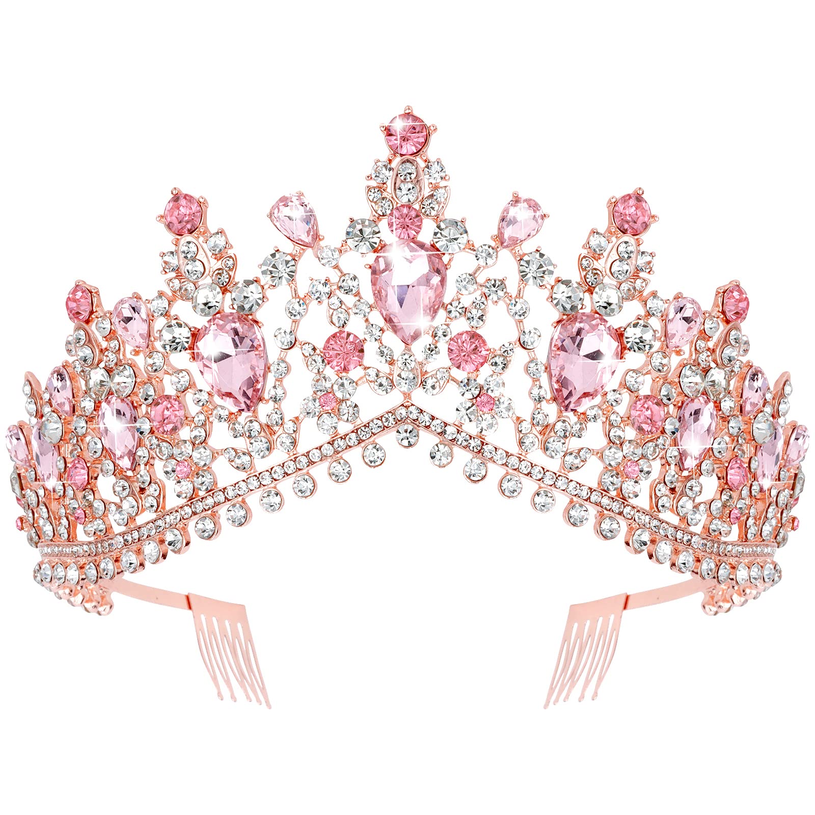 TOBATOBA Crystal Wedding Tiara for Women Pink Tiara Princess Tiara Headband Pink Crown Royal Queen Crown Metal Tiara Quinceanera Crown Headpieces for Birthday Prom Halloween Costume Party