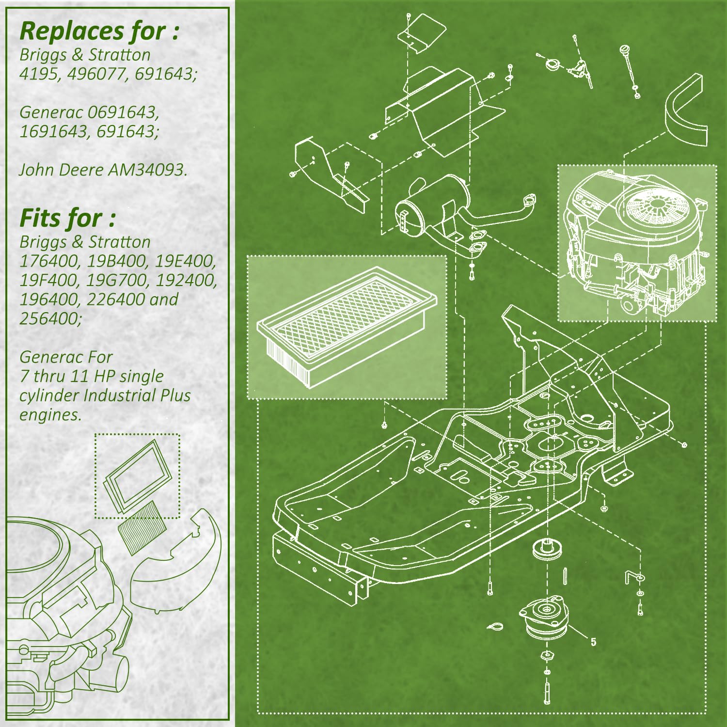 Eopzol 496077 Air Filter Cartridge for Briggs & Stratton 691643 4195 Generac 0691643 1691643 John Deere AM34093 Fits for 176400 19B400 19E400 19F400 19G700 192400 196400