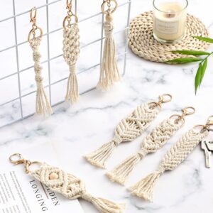 Junkin Macrame Boho Keychains Bulk Handcrafted Aesthetic Key Chain with Tassel for Women Car Key Purse Wallet Beige (36 Pieces)