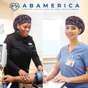 ABAMERICA Bouffant Caps with Button and Sweatband, Adjustable Scrub Caps for Women Men, Satin Layer