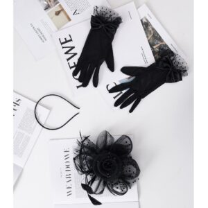 Fascinators Hats Clip Hat Wedding Cocktail Tea Party Headwear and Short Lace Bowknot Gloves for Women（102 Black