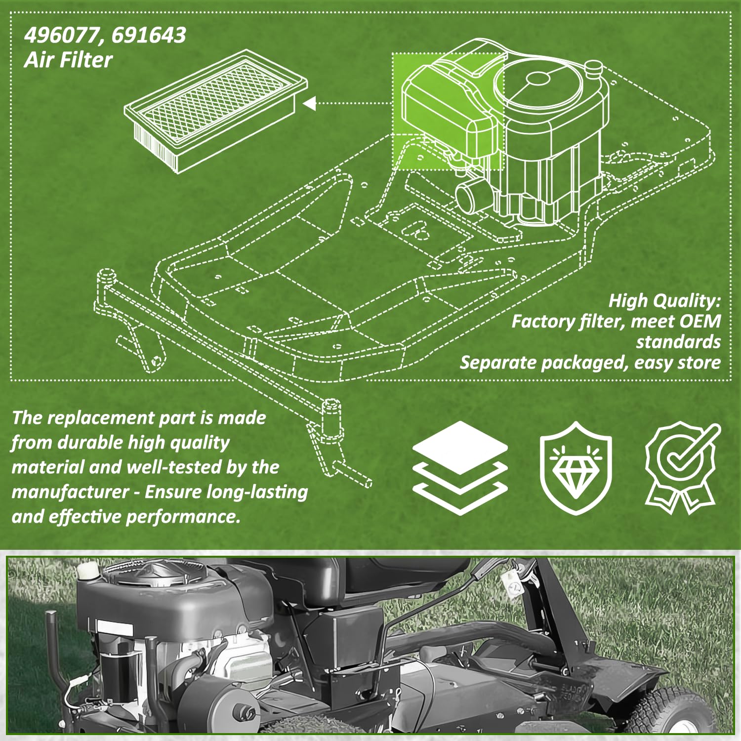 Eopzol 496077 Air Filter Cartridge for Briggs & Stratton 691643 4195 Generac 0691643 1691643 John Deere AM34093 Fits for 176400 19B400 19E400 19F400 19G700 192400 196400