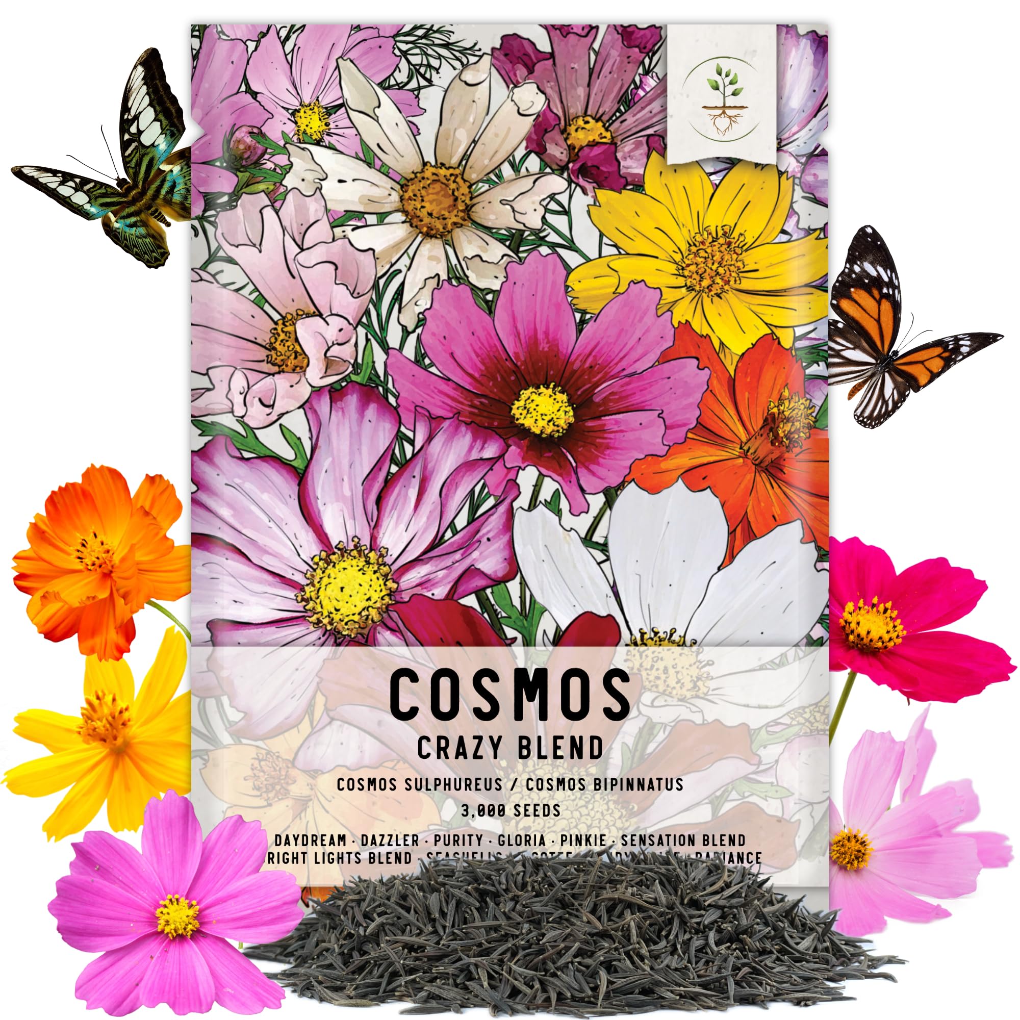 Seed Needs, 3,000+ Crazy Cosmos Seeds Wildflower Mix/Mixture (Cosmos Bipinnatus) Mixed Color Blooms Attract Bees & Butterflies/Monarchs, Blend includes 10+ Varieties - Open Pollinated - Bulk