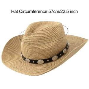 Straw Cowboy Hat for Women Men Western Sun Hat Wide Brim Summer Belt Cowgirl Hats(M-L)