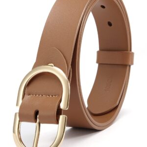 CR Womens Brown Leather Belts for Jeans Pants - 1.3" Width Casual Ladies Tan Belt - Fashion Center Bar Gold Buckle