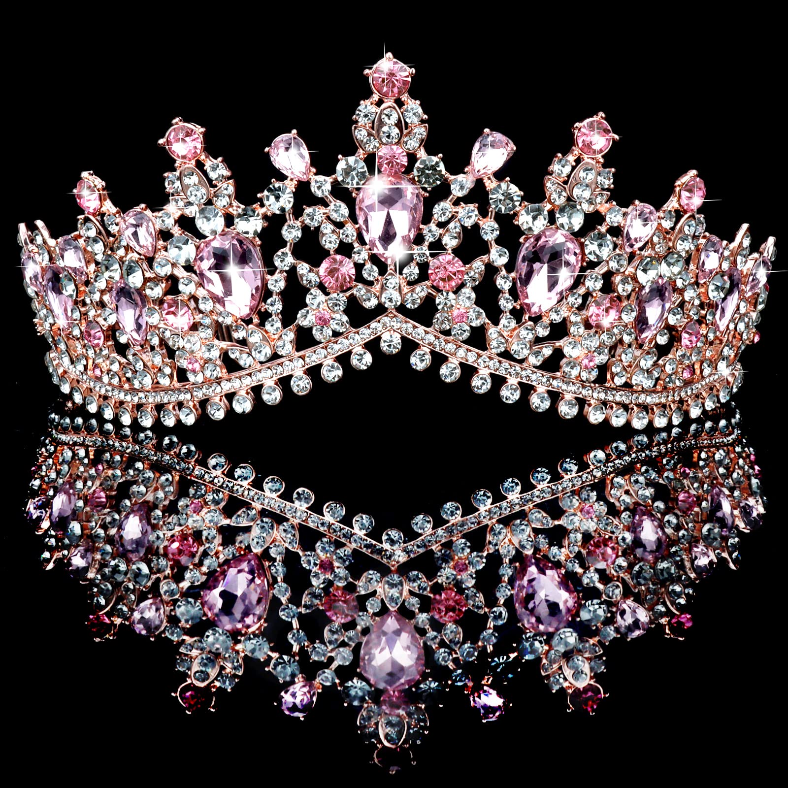 TOBATOBA Crystal Wedding Tiara for Women Pink Tiara Princess Tiara Headband Pink Crown Royal Queen Crown Metal Tiara Quinceanera Crown Headpieces for Birthday Prom Halloween Costume Party