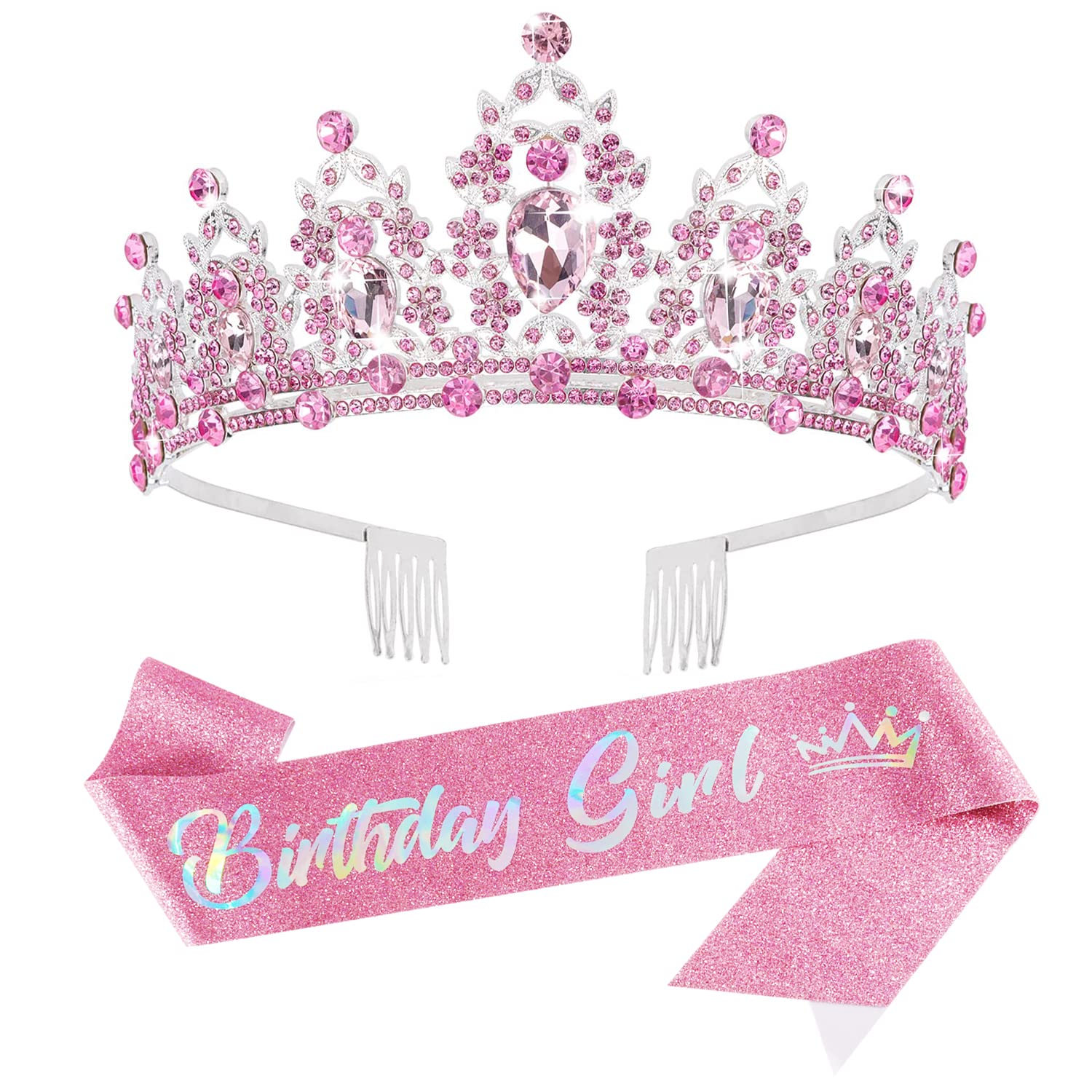 SuPoo Pink Birthday Crowns Birthday Sash and Crown Kit Birthday Tiara Rhinestones Metal Crown with Comb Glitter Birthday Girls Sash Crystal Headband Princess Tiaras for Girl Happy Birthday Decorations