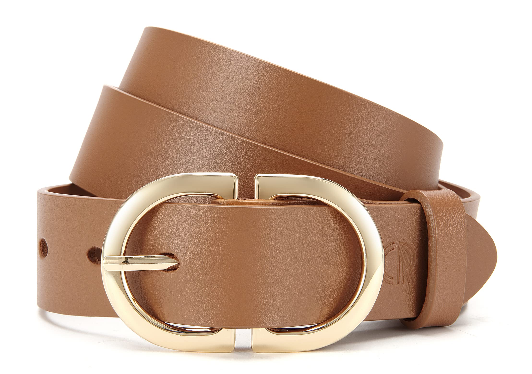 CR Womens Brown Leather Belts for Jeans Pants - 1.3" Width Casual Ladies Tan Belt - Fashion Center Bar Gold Buckle