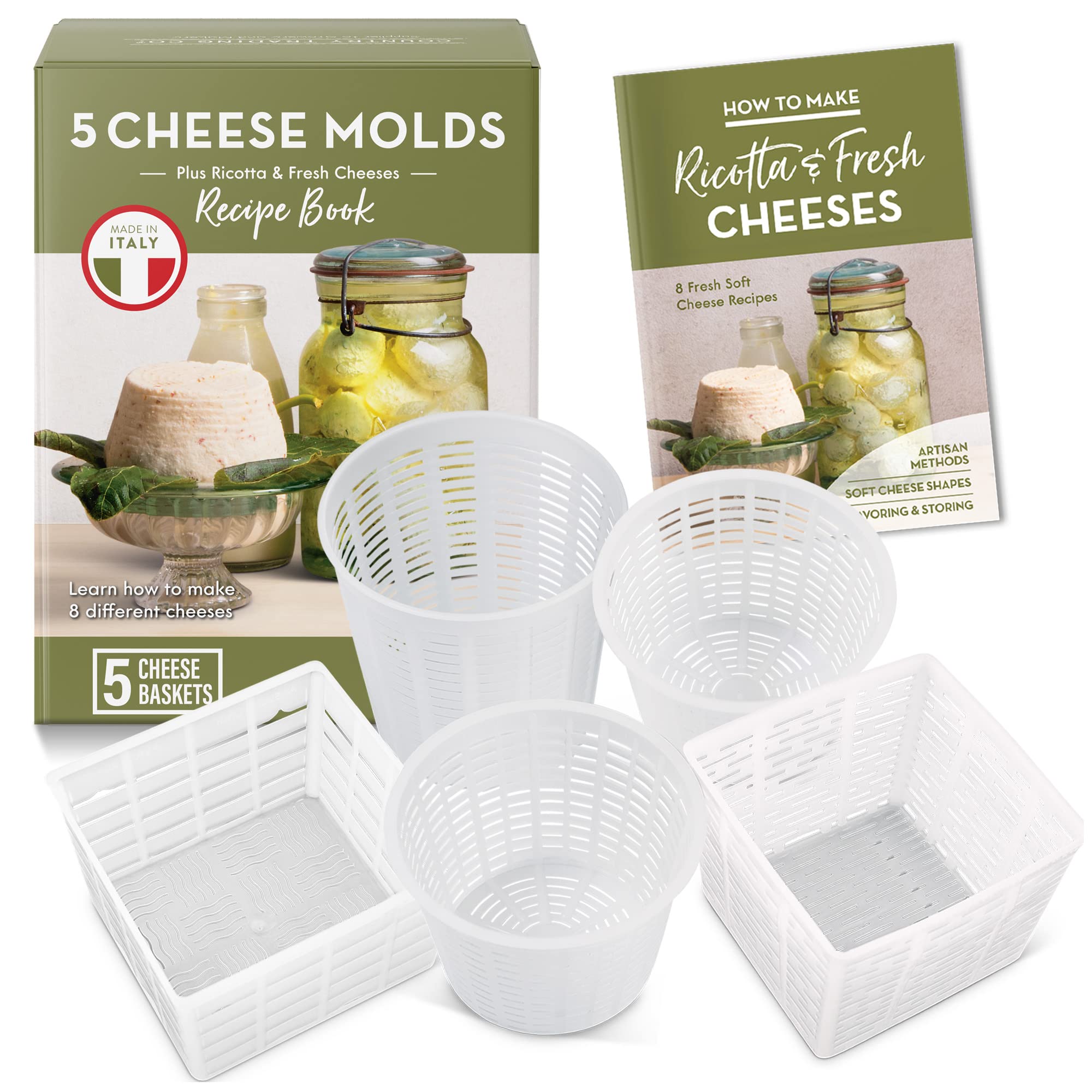 Easy Cheesemaking Set | 5 Cheese Molds + Cheese Making Book | Made in Italy | Recipes to Make Ricotta, Paneer, Goats Cheese, Quark and More | Professional Cheese Press Basket Mold Set of Strainers