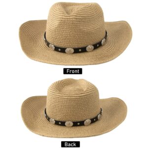 Straw Cowboy Hat for Women Men Western Sun Hat Wide Brim Summer Belt Cowgirl Hats(M-L)