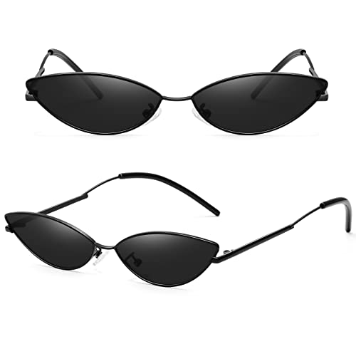 MEETSUN Retro Vintage Small Cat Eye Sunglasses For Women Men Narrow Small Oval Glasses Petals Shape Curved Temple Design - Black/Grey