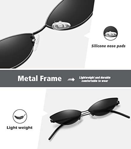 MEETSUN Retro Vintage Small Cat Eye Sunglasses For Women Men Narrow Small Oval Glasses Petals Shape Curved Temple Design - Black/Grey