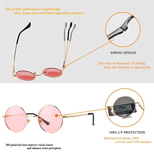 HJSTES Round Polarized Sunglasses Womens Men Retro Circle Lennon Glasses Hippie Shades(Gold/Pink)