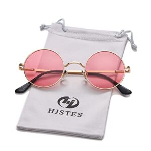 HJSTES Round Polarized Sunglasses Womens Men Retro Circle Lennon Glasses Hippie Shades(Gold/Pink)