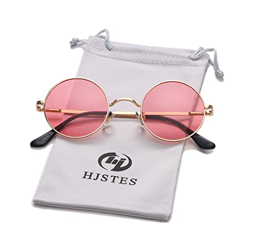 HJSTES Round Polarized Sunglasses Womens Men Retro Circle Lennon Glasses Hippie Shades(Gold/Pink)