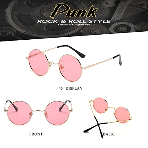 HJSTES Round Polarized Sunglasses Womens Men Retro Circle Lennon Glasses Hippie Shades(Gold/Pink)