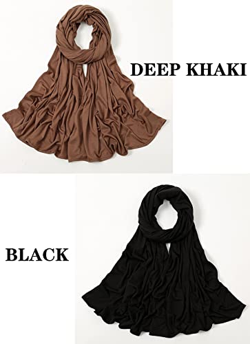 ENSTILER 2PCS Solid Color Jersey Hijab Lightweight Soft Muslim Head Scarf Long Scarf Wrap Scarves for Women (Black, Deep khaki)