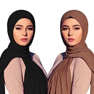 ENSTILER 2PCS Solid Color Jersey Hijab Lightweight Soft Muslim Head Scarf Long Scarf Wrap Scarves for Women (Black, Deep khaki)