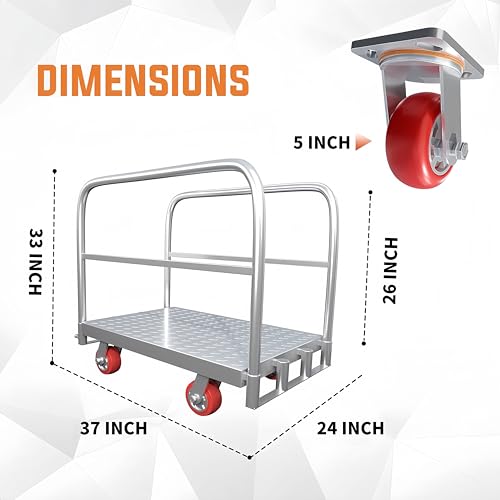 2in1 Steel Panel Truck Cart, Flatbed Cart Heavy Duty Drywall Cart Lumber Cart, Platform Trucks with 2000 lbs Capacity and 2 Swivel Casters, 37" x 24" Push Cart with 1Front and 2 Side Handrails