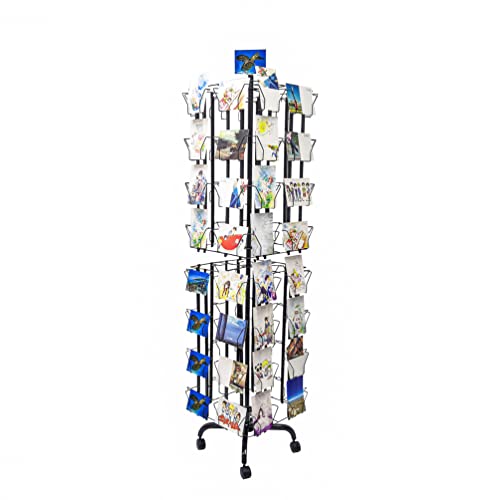 64 Adjustable Pockets Display Rack 5x7 7x5 up to 9.3" Wide X 8" Tall Cards, 1.27" deep Pockets, Double Tier Greeting Post Card Christmas Holiday Spinning Rack Stand Black 11603-H-BLK-NPF-SL