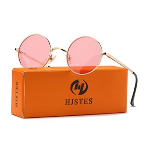 HJSTES Round Polarized Sunglasses Womens Men Retro Circle Lennon Glasses Hippie Shades(Gold/Pink)