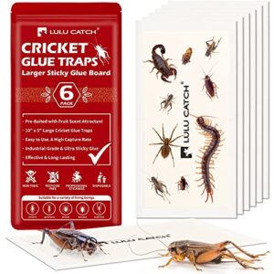 lulucatch cricket insect glue traps - 6 pack bug traps, cockroach sticky traps, large spider trap with pre-baited attractant, highly effective glue boards indoor, non-toxic & safe to children, pets