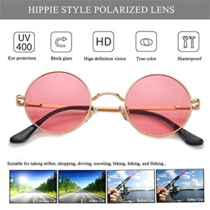 HJSTES Round Polarized Sunglasses Womens Men Retro Circle Lennon Glasses Hippie Shades(Gold/Pink)