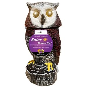 owlsome solar red owl with flashing eyes, rotating head, hooting, motion detector and silent mode, plastic owl garden sculpture, garden decoration