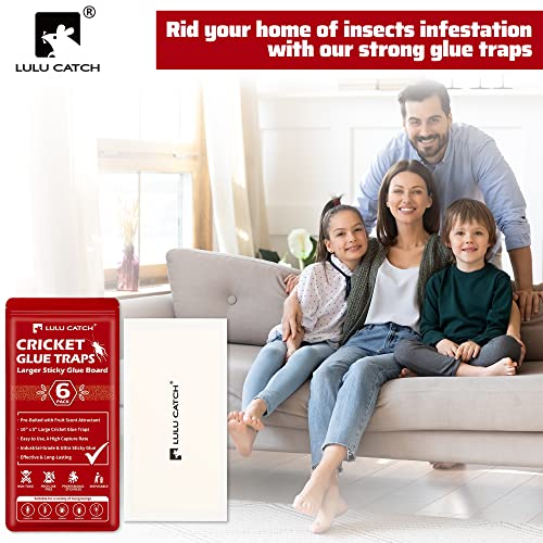 LULUCATCH Cricket Insect Glue Traps - 6 Pack Bug Traps, Cockroach Sticky Traps, Large Spider Trap with Pre-Baited Attractant, Highly Effective Glue Boards Indoor, Non-Toxic & Safe to Children, Pets