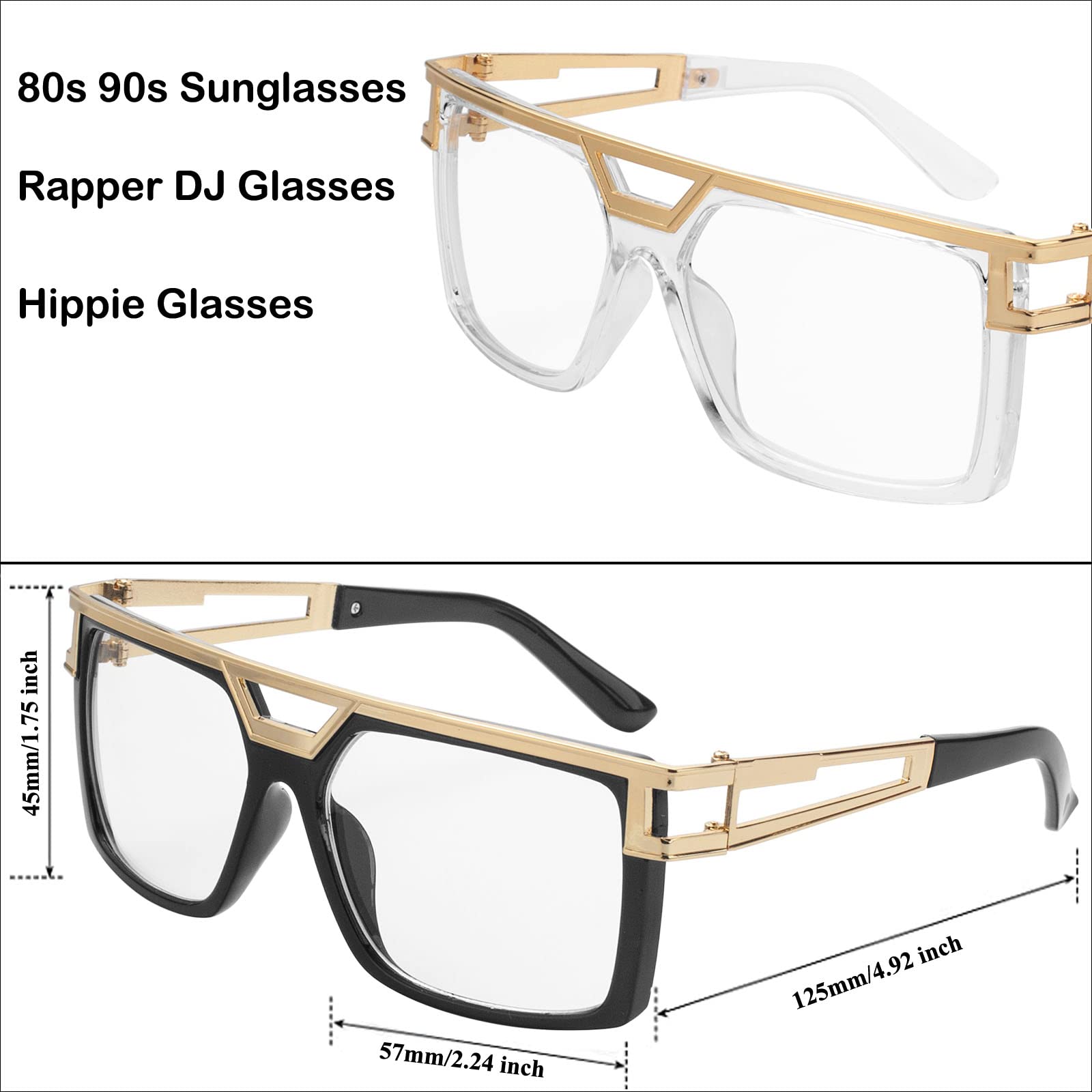 FACATH 80s/90s Women Hip Hop Costume Kit Rapper DJ Sunglass for Girls, Lassic Oversized Hippie Glasses for 80s 90s Hip Hop Costume, Square Retro Gold Frame Hip Hop Glasses (Clear)