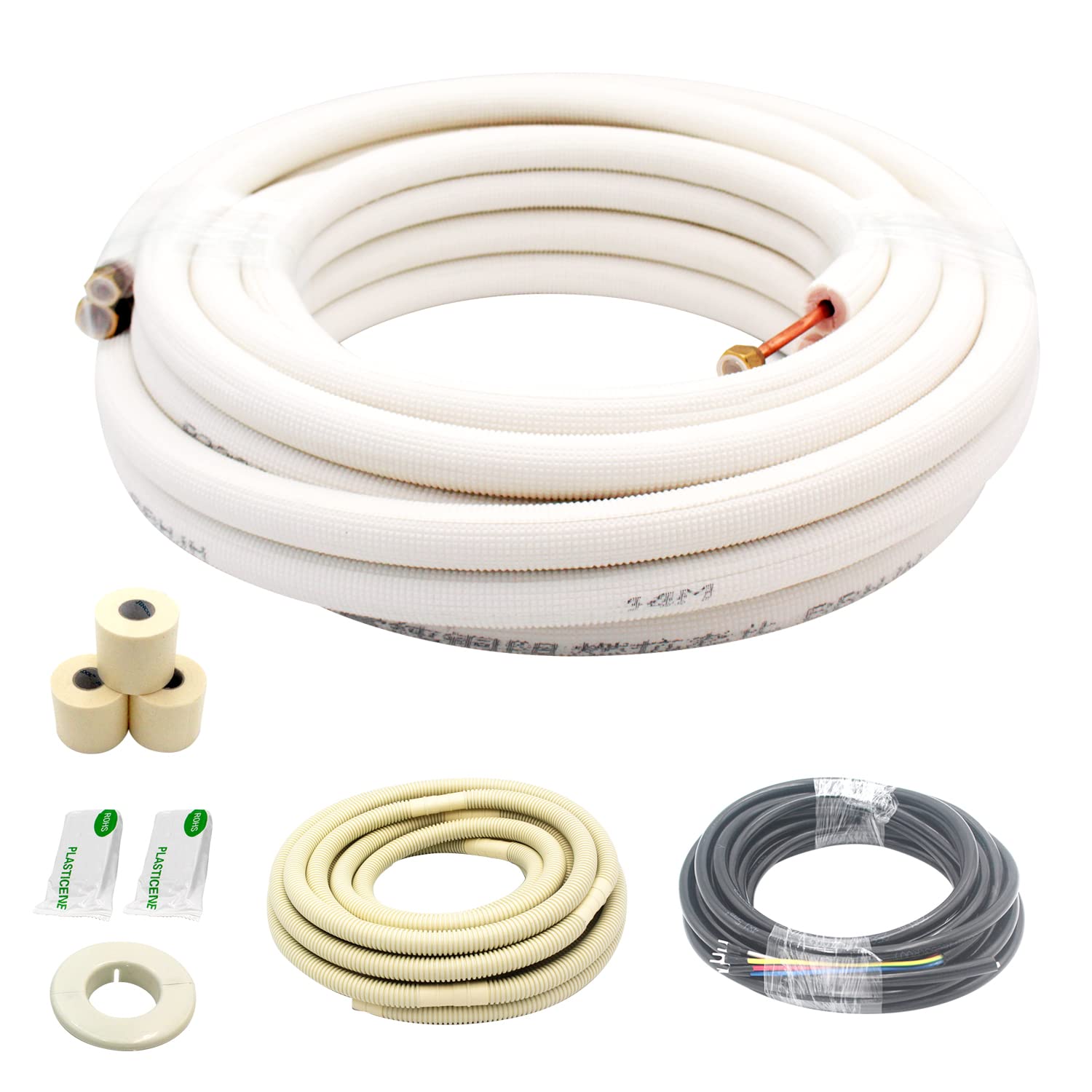 25ft Length Mini Split Line Set,1/4" 5/8" OD Copper Pipes Tubing and 3/8 White PE Thickened Insulated Coil with Flared Nuts for Mini Split Air Conditioner HVAC or Heat Pump System. (25Ft(1/4+5/8))