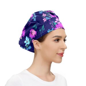 Shutiall Working Cap with Button and Sweatband Adjustable Tie Back Bouffant Hats Printed Multi Color for Woman Man.Flowers